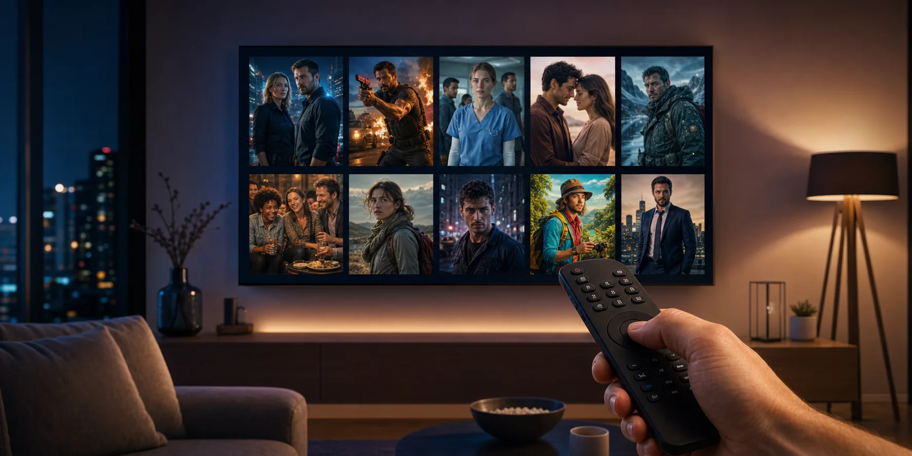 Pessoa usando um controle remoto diante de um catálogo de séries e filmes
