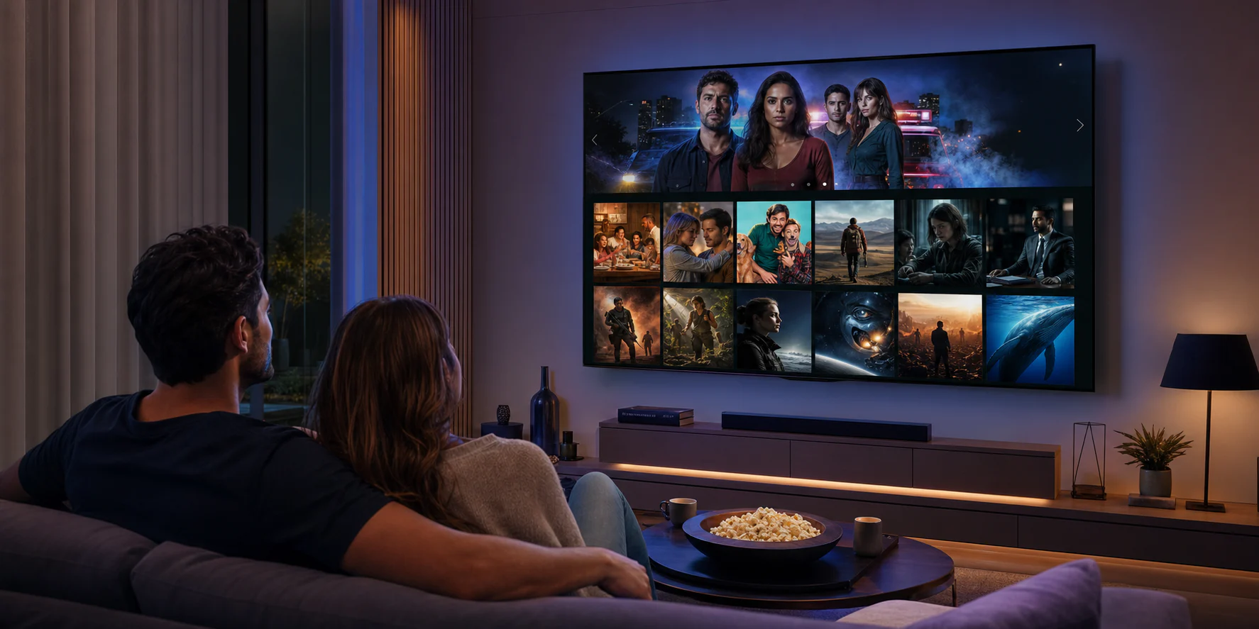 Casal assistindo a um catálogo de séries e filmes em uma Smart TV